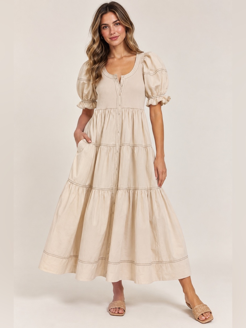 Sofie the Label Ivory Ribbed Knit Puff Sleeve Tiered Maxi Dress